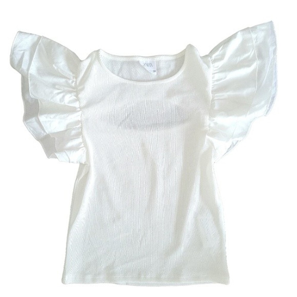 Zara | Junior's White Ribbed Flutter Sleeve Crop Top with Open Back - Size 9